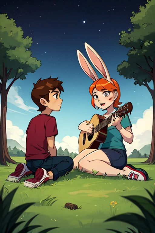 Male human amirhossein ajorloo and female furry sara rabbit mode of sit down in tree trunk in grass amirhossein ajorloo play guitar sing love for sara rabbit sara rabbit mode feel love look at amirhossein ajorloo night sky ben 10 style 