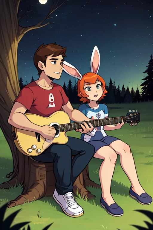 Male human amirhossein ajorloo and female furry sara rabbit mode of sit down in tree trunk in grass amirhossein ajorloo play guitar sing love for sara rabbit sara rabbit mode feel love look at amirhossein ajorloo night sky ben 10 style 