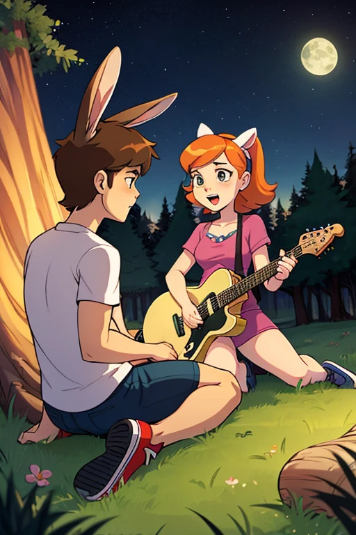 Male human amirhossein ajorloo and female furry sara rabbit mode of sit down in tree trunk in grass amirhossein ajorloo play guitar sing love for sara rabbit sara rabbit mode feel love look at amirhossein ajorloo night sky ben 10 style 