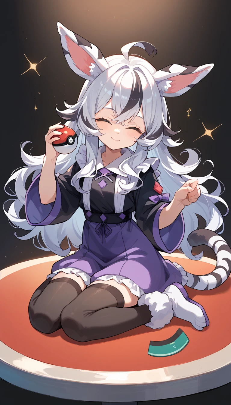 ((masterpiece)), 1girl, solo, long hair, white hair, eevee costume, purple costume, black costume, multicolored costume, white tiger ears, white tiger tail, closed eyes, sly smile, holding pokeball, young, cute, very young, two-tone hair, thick hair, ((white tiger ears only)), ((single tail)), full body, sitting on table.