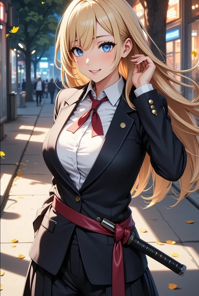 ((Perfect Anatomy:1.2,Realistic:1.3,RAW Photos:1.3,masterpiece、highest quality、Ultra - High resolution、High resolution、Highly detailed CG、8k)),Cowboy Shot. 1 female,alone,Young Woman,high school girl,beautiful girl,((Beautiful Face)),blonde,Long Hair,(Center parted hair:1.4,amount),Small Head:1.3,thin,(Provocative smile),((Brown Skin:1.4)),(Oily skin,Glowing Skin,Shiny skin),(school uniform、Dark blue blazer jacket、Grey pleated mini skirt),(Showing viewers a black lace thong),Beautiful ass,((Big Ass)),Exposed thighs,Beautiful thighs,75 degree angle from bottom. Dirty back alley、(dark),(At night)、Tokyo.