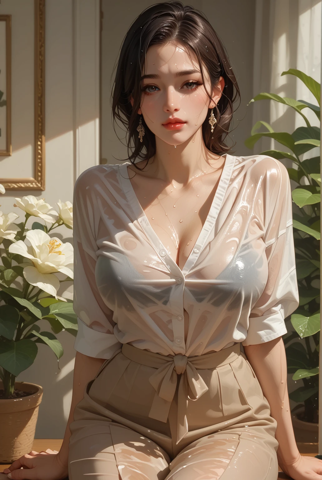 (Realistic:1.5, 16K, Highest quality, masterpiece, Ultra-high resolution), Perfect dynamic composition:1.2, (Downtown at night), (Expressions of sadness:0.9), (Squat with your knees bent:0.9), Highly detailed skin and facial textures, Young Japanese woman getting wet in the rain, Incredibly slim body, Fair skin:1.2, Sexy beauty, Very beautiful face:1.2, Water droplets on the skin, (Rain drips down on my body:1.2, Wet body:1.2, Wet Hair:1.3), (short hair), (ponytail), (Wet tight skirt:1.2, Wearing wet formal clothes:1.3), ((The shirt is fully buttoned)), (Shapely large breasts, Chest gap), ((A wet, see-through shirt:1.5)), ((No bra)), ((See-through nipples)), (Big eyes that exude beautiful eroticism:0.8, Lips that exude beautiful eroticism:0.8), necklace, Earrings, bracelet, wedding ring, Shoulder bag, clock