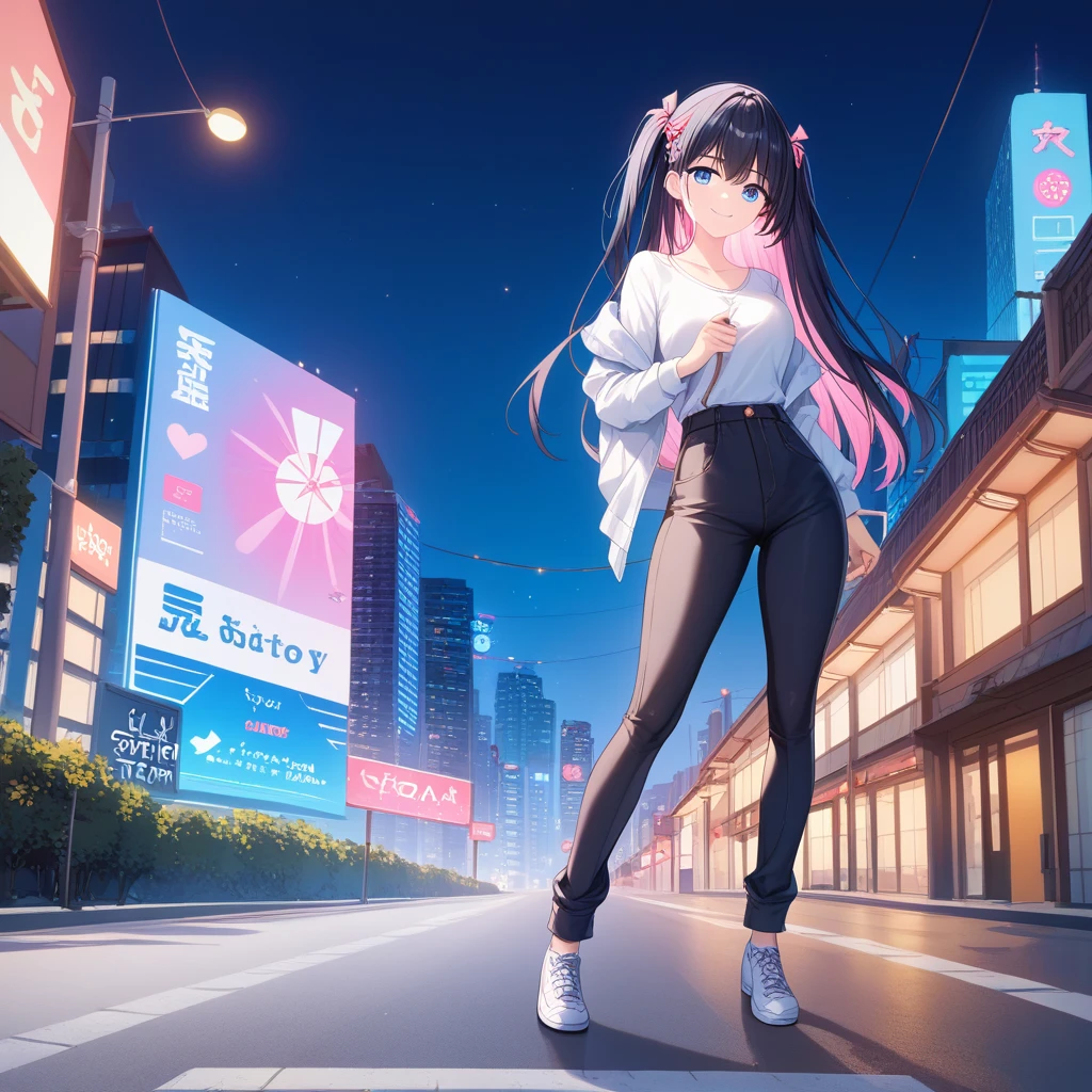 the above((Best Quality))、(masterpiece)、(  Real Shadow)、nsfw、(１  beautiful girls),,side,two side up,,Long Hair,(Colored inner hair　Black Hair + Pink inner hair), blue eyes, email,Multi-colored hair, smile,In the city, At night, The best light, Skyscraper ,road, Sisters、Height difference