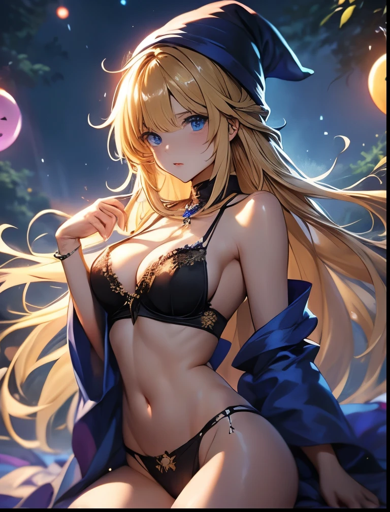 （（（ＳＦＷ、Precision、Highest quality、A first-class masterpiece、Normal body、8k、  Detailed Face 、Ultra-precision、 Normal hand、５refer to、Highest）））、Witch、Witch（Puyo Puyo）、adult、 Blonde Long Hair 、 Beautiful Girl、 Tattered Blue Robe、mage hat with a hole、Half naked、Almost naked、Black bra exposed 、Black Panties Exposed 、Navel exposed、Shoulder exposed、Cleavage exposure