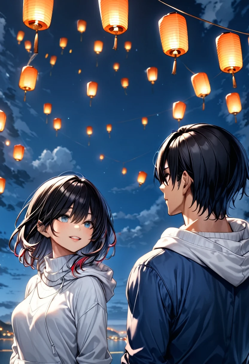 Back view of man and woman looking up at floating lanterns((Black-haired man:Asuka ,Back view of man and woman in white hoodies and blue jackets  , women with dark hair :Haruna , white turtleneck sweater )), Focus on the lanterns floating in the sky