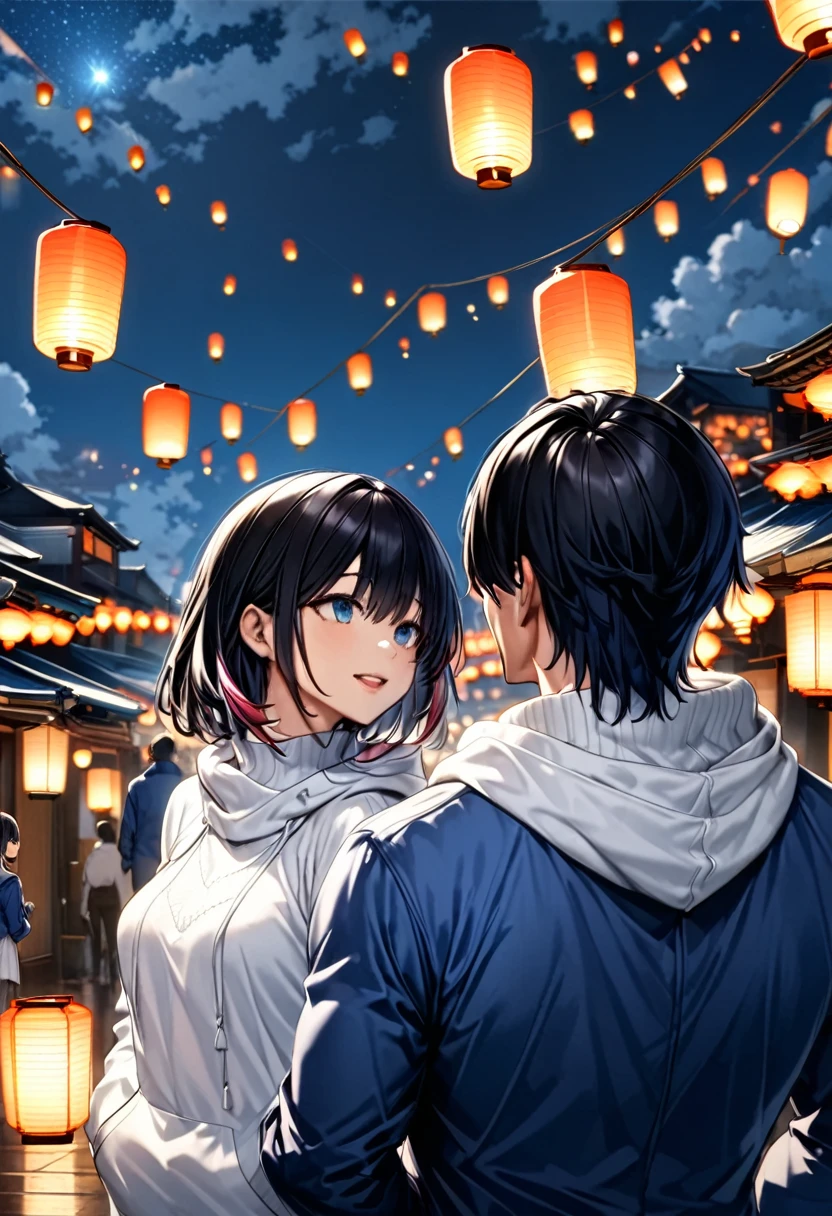 Back view of man and woman looking up at floating lanterns((Black-haired man:Asuka ,Back view of man and woman in white hoodies and blue jackets  , women with dark hair :Haruna , white turtleneck sweater )), Focus on the lanterns floating in the sky