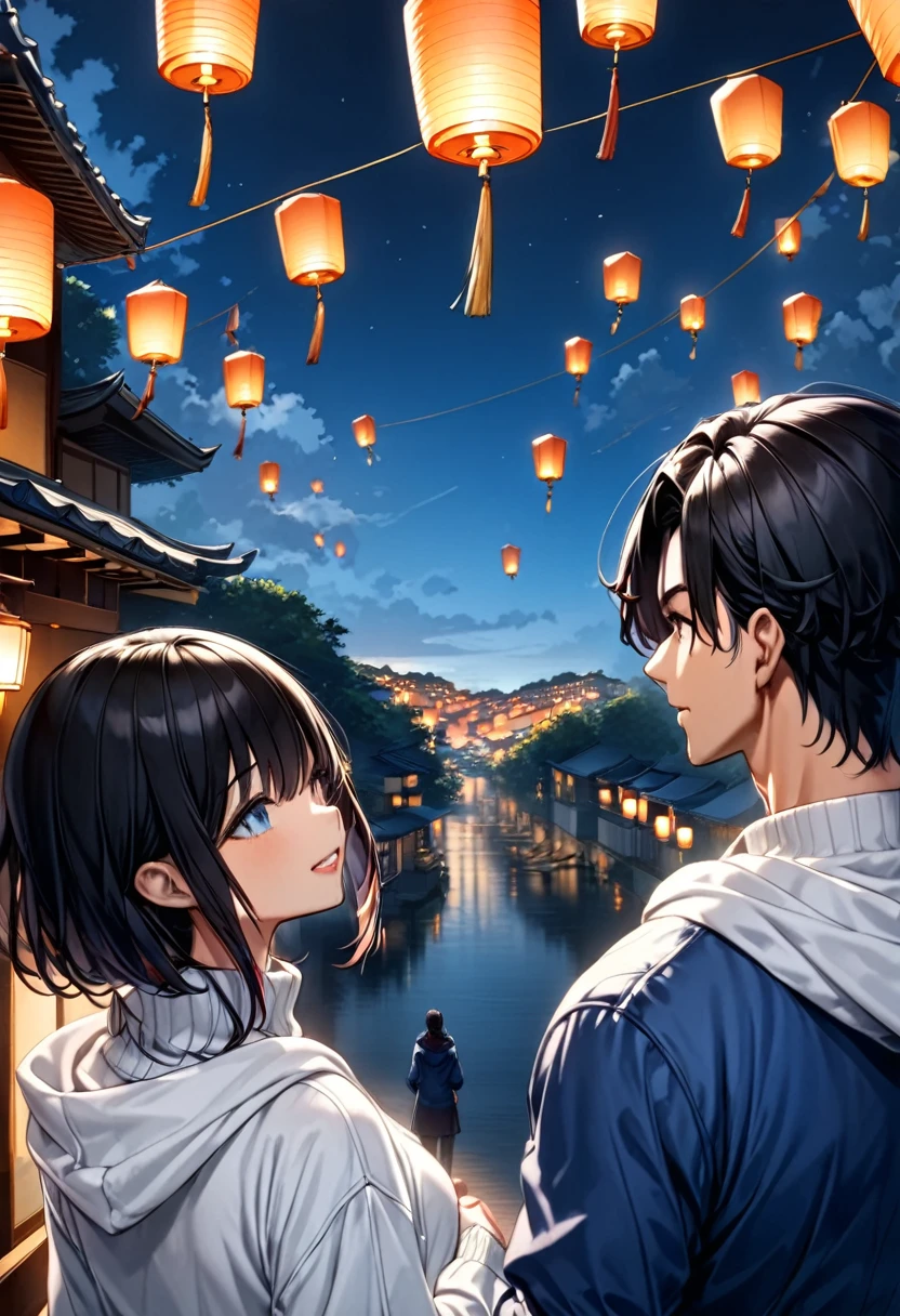 Back view of man and woman looking up at floating lanterns((Black-haired man:Asuka ,Back view of man and woman in white hoodies and blue jackets  , women with dark hair :Haruna , white turtleneck sweater )), Focus on the lanterns floating in the sky