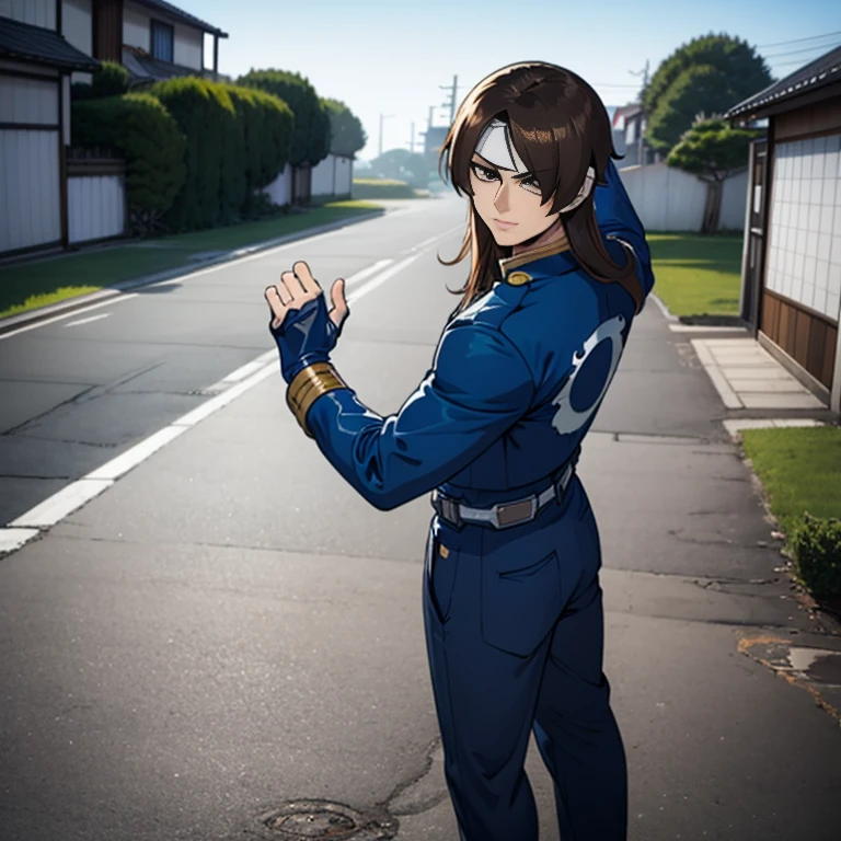 ( Best Quality )(Overall view),Back Alley,  Japanese with a Cool and Handsome Face , Beautiful Young Host ,18 years old,  Shiny Sentai Hero Suit, 18 years old, Tall, Long Hair,  Hero Eye Mask ,  Long Hair to Hide One Eye ,  Can Hang Mud on Your Body , Raise Your Hands and Surrender , regret