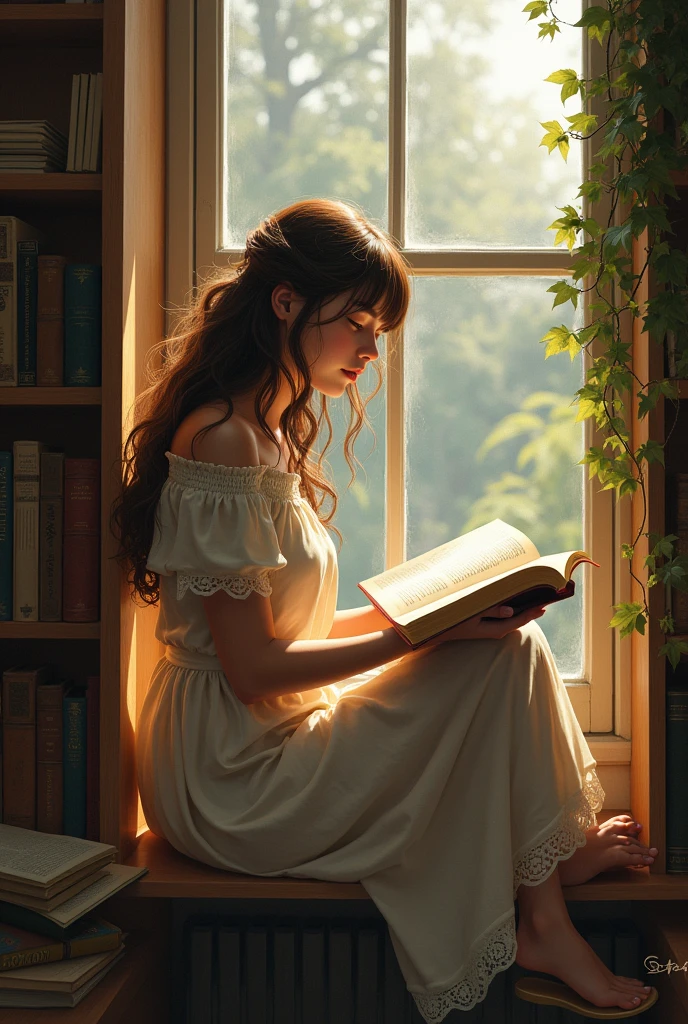 A beautiful woman reading in her room at the window with the garden outside
