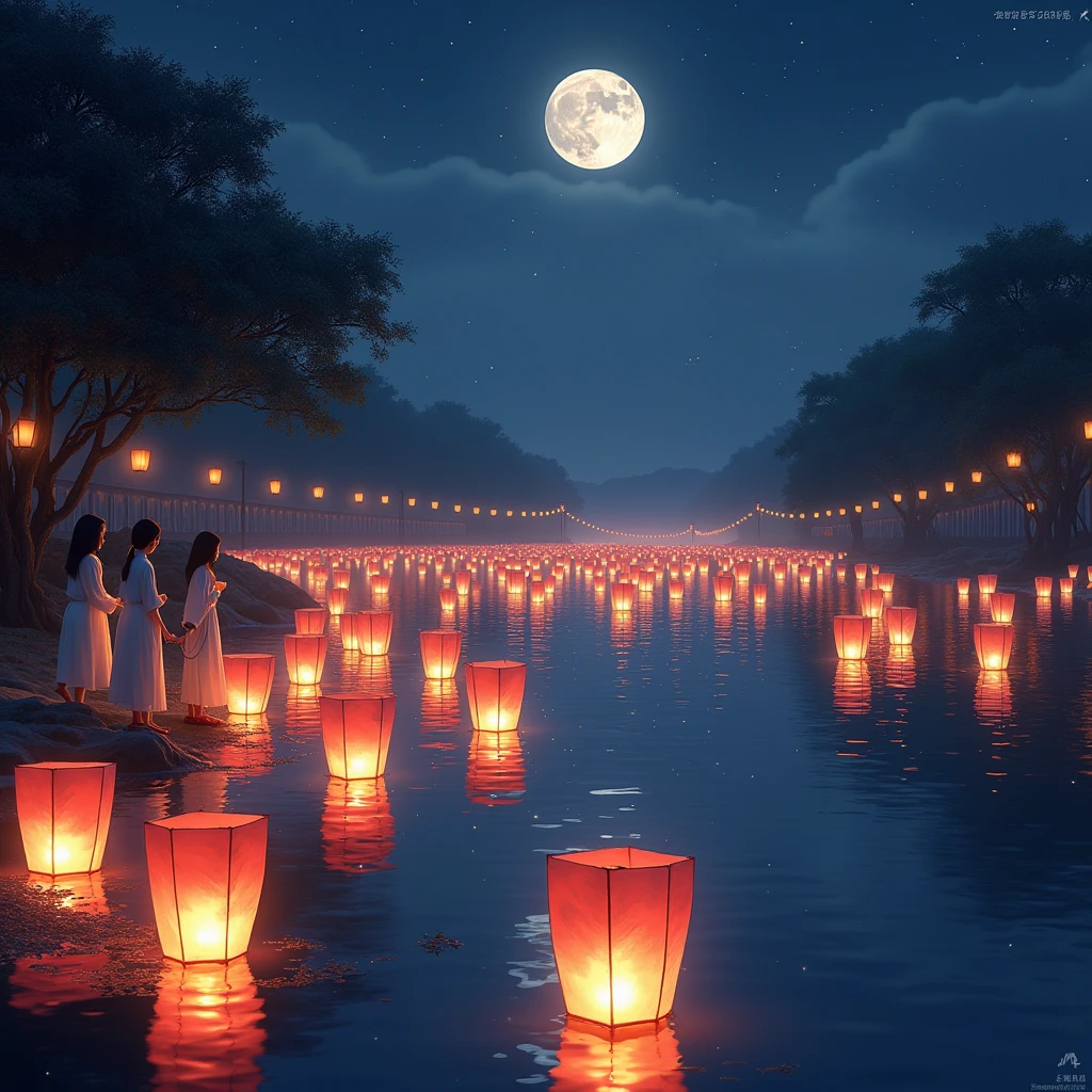 Float Lanterns on lily flowers Small as a Candle shaped lanterns with patterns, a lot of people flock along the river into the distance ,  Beautiful Bright with different Patterns ,  Girls launch them into the water in Traditional Snow-White Outfits , they carry lanterns to the water ,  everything is very beautiful and beautiful , Night,  Moonlight softly illuminates , 8 k,  Complex Details , bright colors,  best quality,  Maximum quality ,