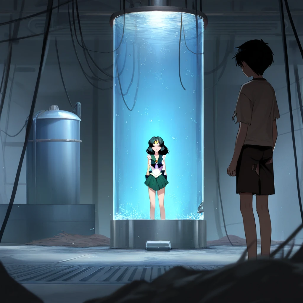 2 persons, (****ung black hair boy standing and facing away, watching water tank on background:1.2) BREAK (1 girl inside water tank:1.2), sailor Neptune, closed eyes, :o, weak, head tilt, wounded, torn skirt, 8K, UHD, best quality,highres, sci-fi, cinematic composition, masterpiece, perfect shading, moody lighting, 1000+ bookmarks