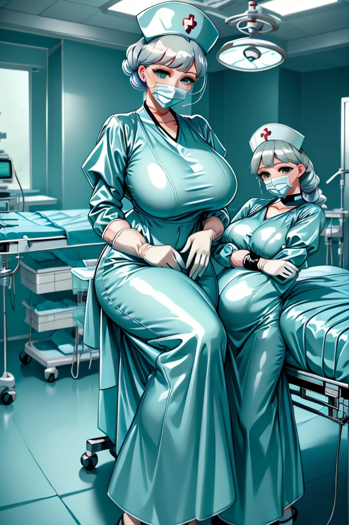 Score_9, Score_8_up, Score_7_up, source_anime, pale skin, surgical mask, surgical cap, long sleeve surgical gown,
1 girl, pregnant, solo, rubber gloves, looking down, frowning, operating bed, in the operating room, standing,