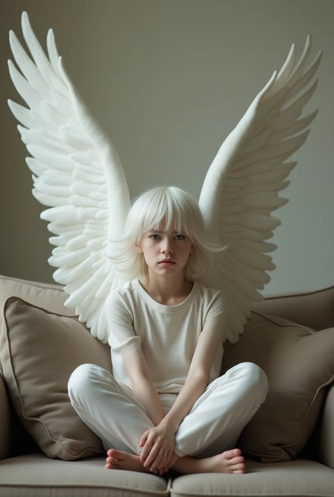  girl with black t-shirt and necklace like a fairy face smooth skin pink lips white hair perfect body and dark smoke background and have a big wings of an angel
Setting in the chair 
