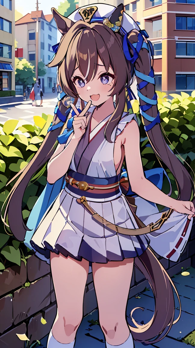 masterpiece, Best Quality, Hi-Res, very detailed,(((Viblos))), (((Horse Girl))), (((Shrine maiden))), (((kimono))), (((Sleeveless))), (((Hakama))), ((( short skirt ))), ((( bottomless))), ((( no panties))), (((Put money on your pussy ))), Front lining))), ((( Standing in the Distance ))), (((Streetscape))), (((Cobblestones))),