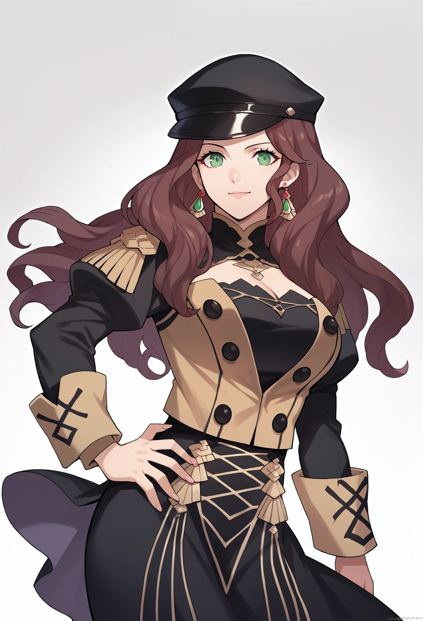 score_9, score_8_up, score_7_up, source_anime, Dorothea (Fire Emblem), black headwear, black skirt, (black long-sleeve uniform), brown hair, dangle earrings, gold trim, green eyes, jewelry, large breasts, long hair, black peaked cap, black hat, looking at the viewer, smile, closed mouth, hands on hips