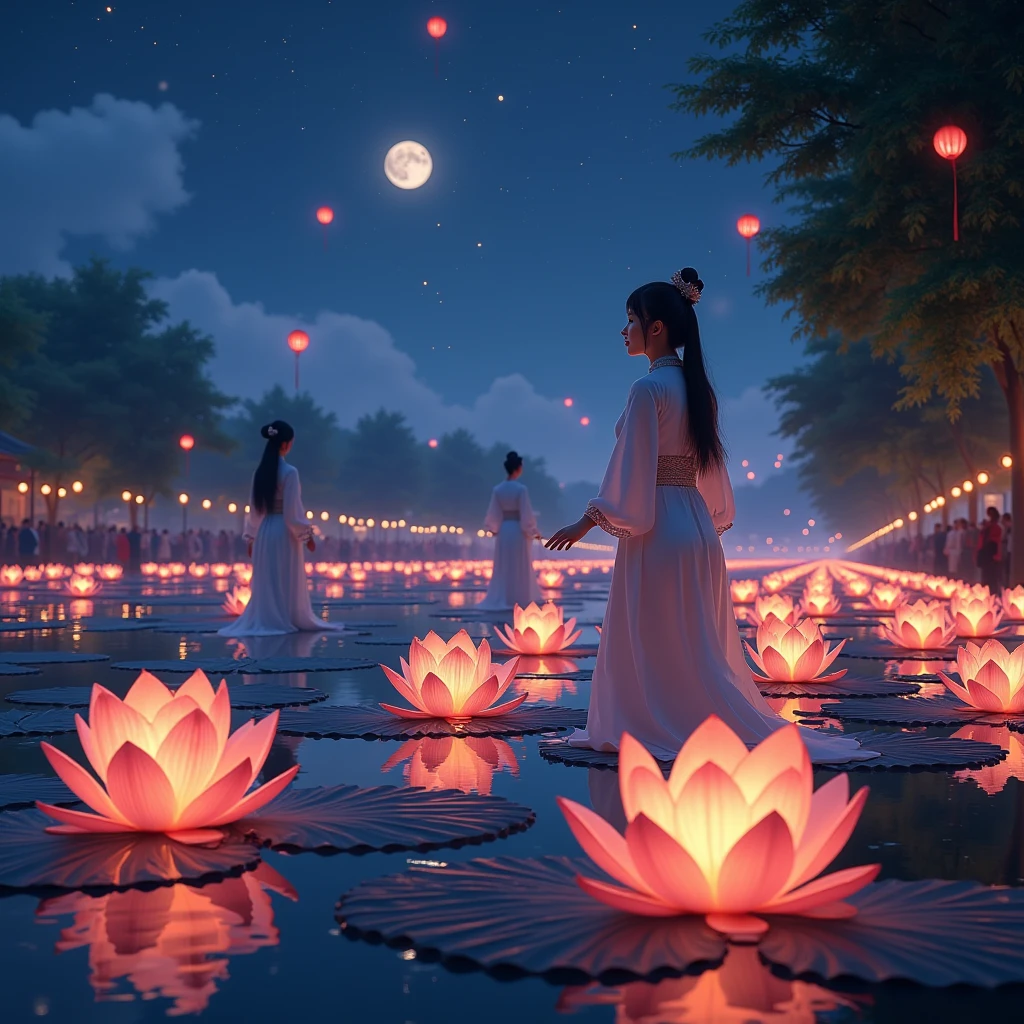  Lanterns on lily flowers float Small Round-shaped lanterns with patterns, a lot of people flock along the river into the distance ,  Beautiful Bright with different Patterns ,  Girls launch them into the water in Traditional Snow-White Outfits , they carry lanterns to the water ,  everything is very beautiful and beautiful , Night,  Moonlight softly illuminates , 8 k,  Complex Details , bright colors,  best quality,  Maximum quality ,