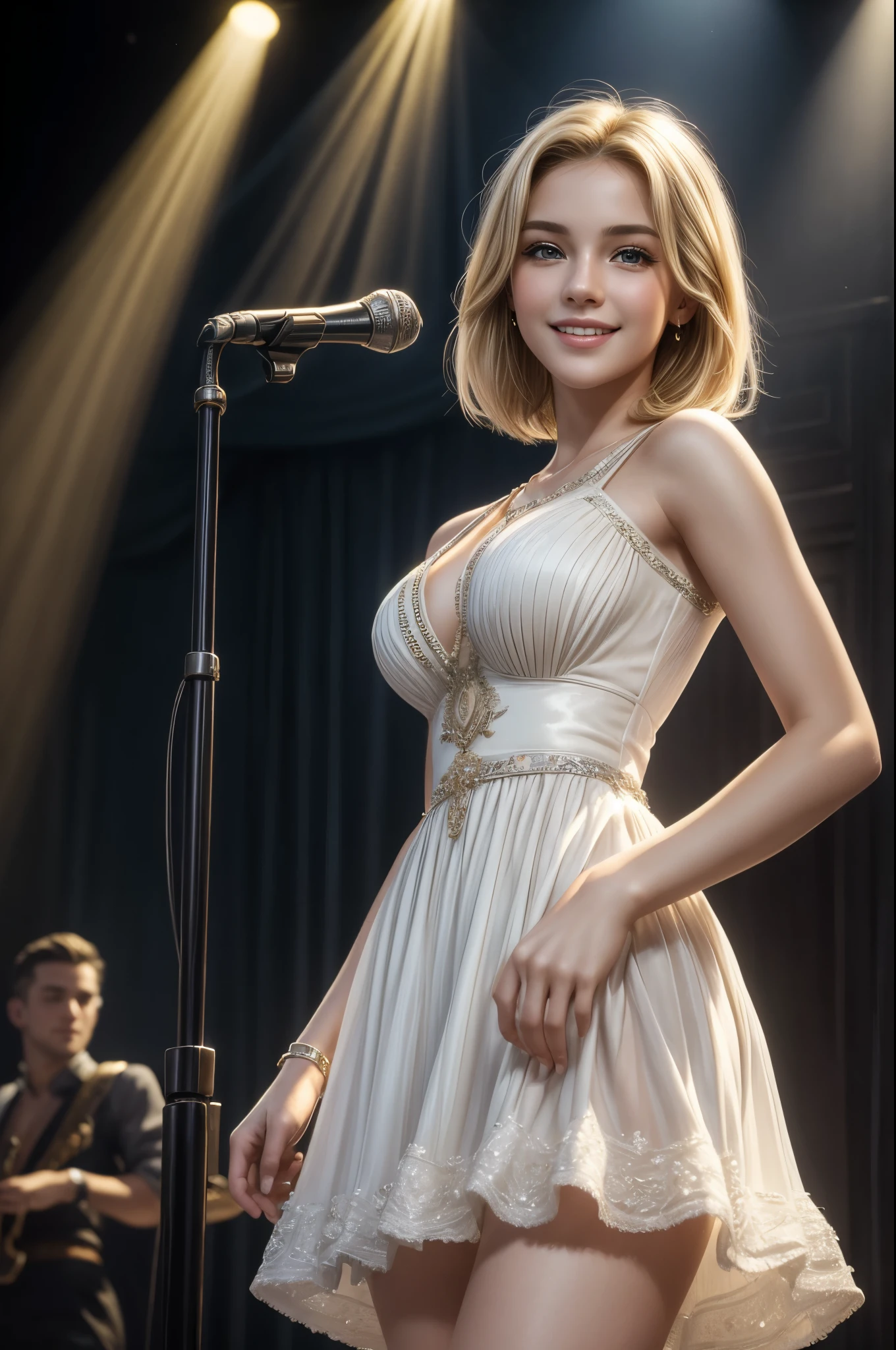 masterpiece, best quality, extremely detailed, hyperrealistic:1.1, photorealistic, a beautiful 20s european girl, ultra detailed face:1.1, blonde hair, short hair, white dress, smiling, on live stage, stage lighting, standing