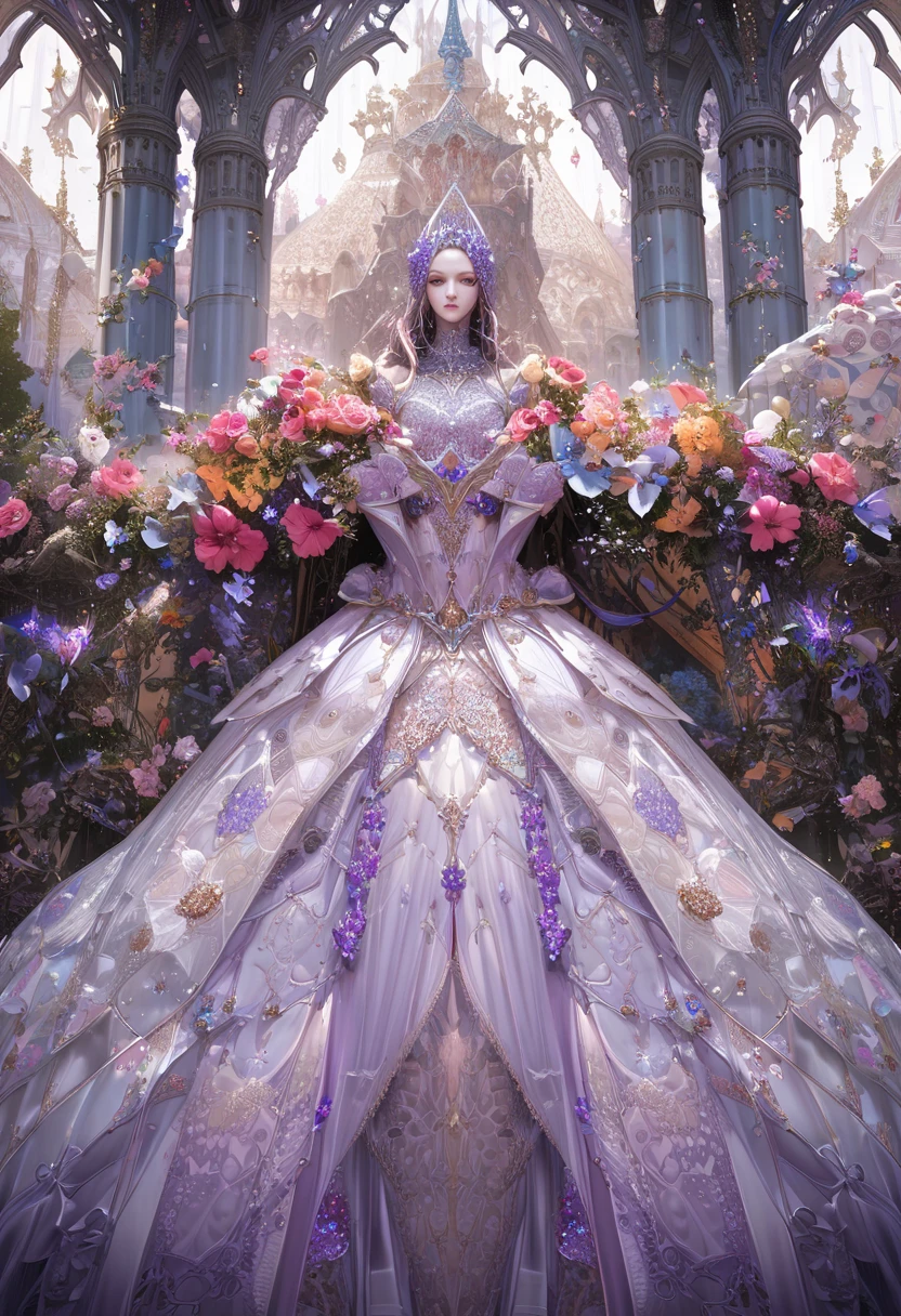 The new purple crystal wedding dress is filled with multi-layer tulle, European-style white patterned marble background wall, fairy tale palace style, and oversized skirt. The neckline and cuffs are decorated with openwork lace elements and jewelry, and the skirt is covered with gorgeous flowers and butterflies. Fantasy, Surreal, HD, Super Detailed, Realistic, High Pixel, Octane Rendering, Cinematic Lighting