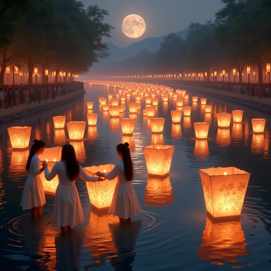 Float Lanterns on lily flowers Small as a Candle shaped lanterns with patterns, a lot of people flock along the river into the distance ,  Beautiful Bright with different Patterns ,  Girls launch them into the water in Traditional Snow-White Outfits , they carry lanterns to the water ,  everything is very beautiful and beautiful , Night,  Moonlight softly illuminates , 8 k,  Complex Details , bright colors,  best quality,  Maximum quality ,