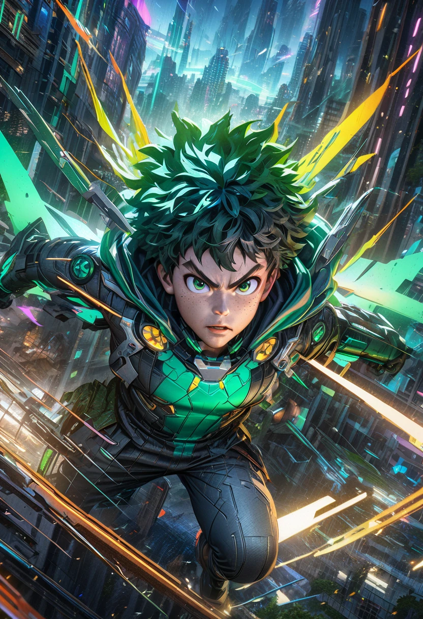 Izuku Midoriya, Dark Deku, 1 boy, green hair, freckles, green eyes, determined expression, hero costume, futuristic full body, wearing hood with dark green mask, detailed facial features, muscular body, dynamic pose, action scene, lighting cinematic, vibrant colors, digital art, 8k, photorealistic engine, highly detailed and unrealistic, studio lighting, futuristic neon city, futuristic cyberpunk setting