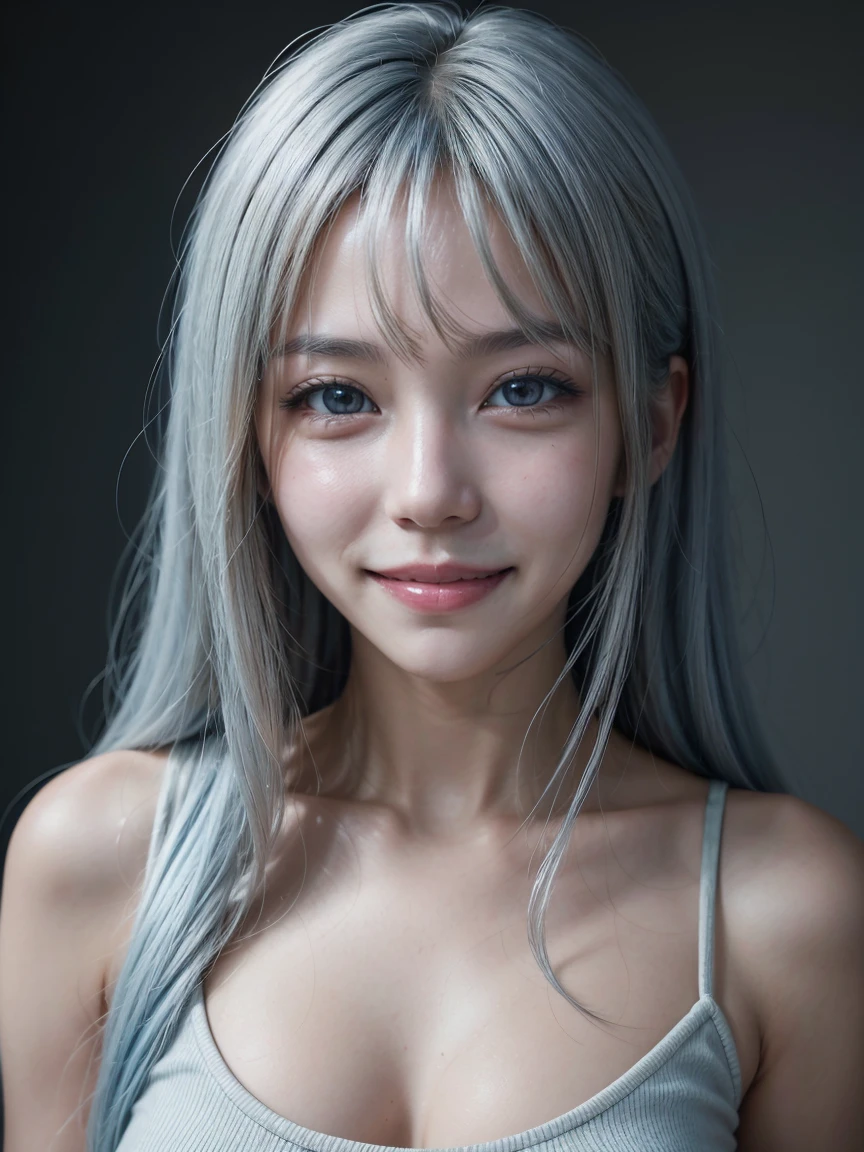 Beautiful girl with blue and white hair , big breastm , on classic cars,Professional Photography, portrait, grey background, Soft light, Professional lighting, bara, smile, Up Close, Front, chesty, kawaii, Girly, goddesses, Delicate Girl, Neat and clean beauty,Digital SLR, look away, candid, intricate, grain of film, (Detailed eyes and face:1.0), Medium length hair blows in the wind..., bangs,,full entire body