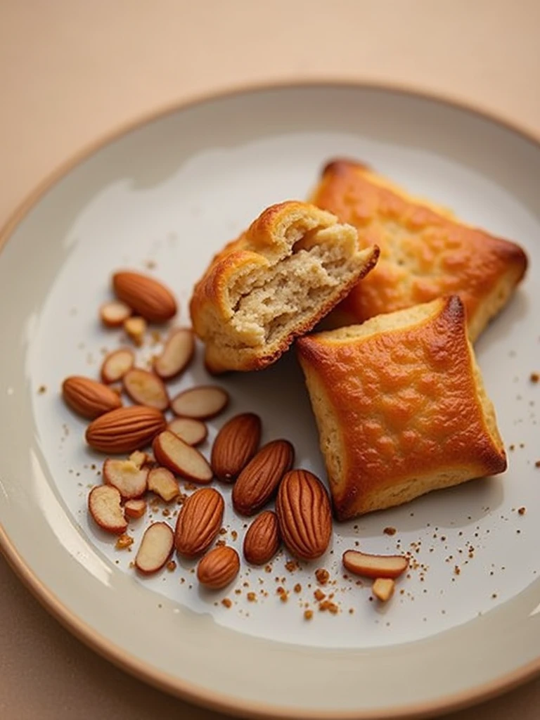 ((masterpiece, highest quality, Highest image quality, High resolution, photorealistic, Raw photo, Extremely detailed CG unified 8k wallpaper)), Baked goods are laid out on a plate, Florentine, caramel-coated sliced almonds, sablé cut into squares, crunchy, delicious, sugar, butter, honey, wheat,