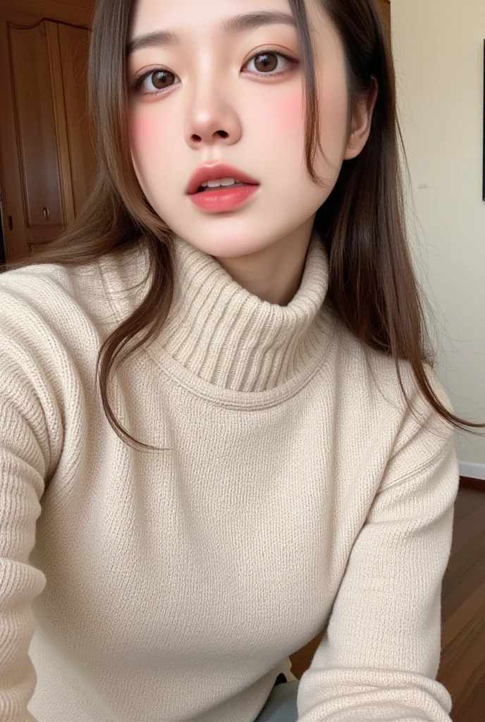 Best Quality,   absurd,   very detailed,   pattern _this,   1 girl, Alone_ concentrate , (((Please stare at the summit  :1.2)))、  and lower your hair、High neck knit、 Beige knit