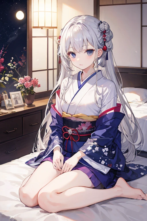 white hair,Top image quality,s girl,masterpiece,de pele branca,Semi-long hair,,hime-cut,small tits,tits out,Glowing face,lyin in bed,waking up,Apron Dresses,Japanese style maid,frilld,hakama