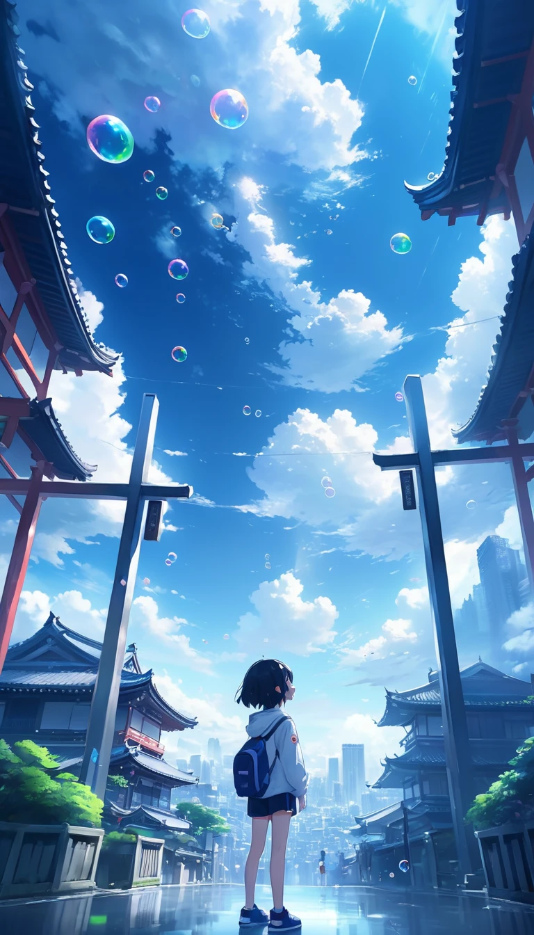 (    high-definition CG integrated 8K wallpaper ) (top-quality),       people々It's not drawn 。  There are no plants。 Blue worldview 。 amazing anime style scene  。In the Rainy City 、  A boy standing in front of a torii gate looks up at the sky  、  A girl floats in the sky  。  Deep blue clouds spread in the sky  、  A girl seems to be floating in the sky  。  Soft light shines through gaps in the clouds  、 Create a fantastic and mysterious atmosphere 。  A boy reaches out to a girl  、  There are lots of bubbles floating around  。 with a building in the background  、  in an unrealistic scene in a quiet corner of the city。

