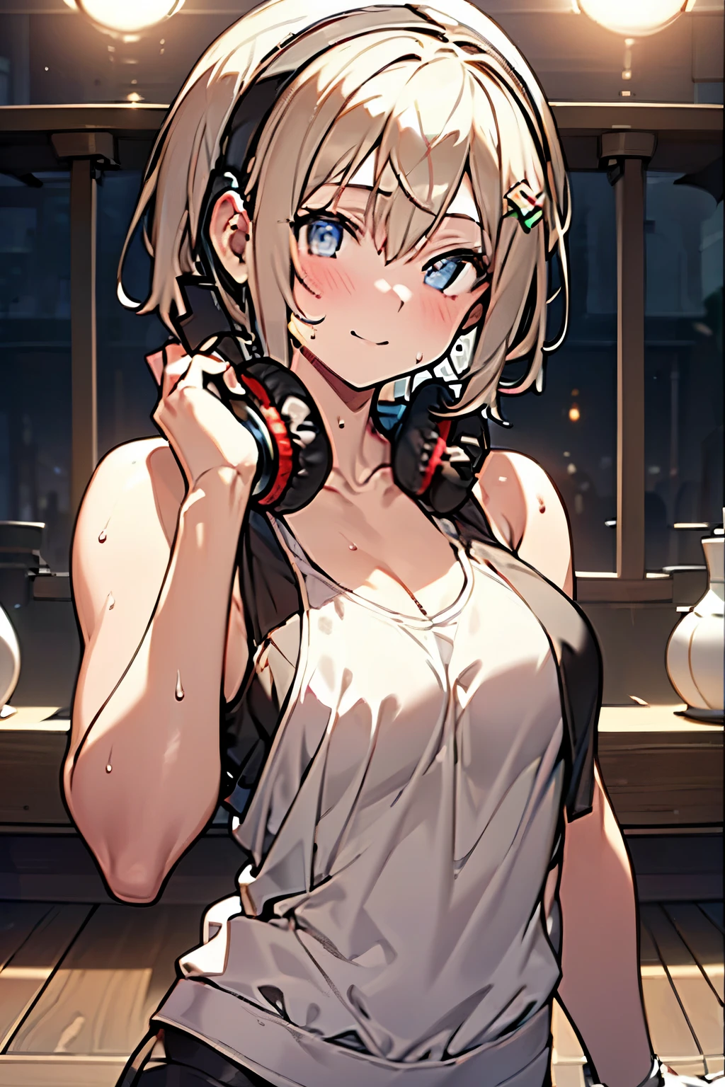 1girl, happy, sweaty, ((tank top, hand holding headphones)), absurdres, high res, ultrasharp, 8K, masterpiece:1.4, illustrations, studio lighting