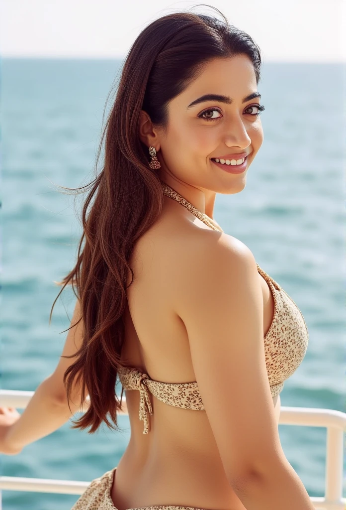 Full body photo portrait of beautiful  slim busty Rashmika , posing on  yacht sea view wearing  bikini   day scene , looking at viewer,, (realistic eyes, symmetric face:0.8) (masterpiece:1.2) (photorealistic:1.2) (bokeh) (best quality) (detailed skin) (intricate) (8k) (HDR)  (sharp focus), big breast,  Different hairstyle, long legs, deep neckline and cleavage , down blouse 