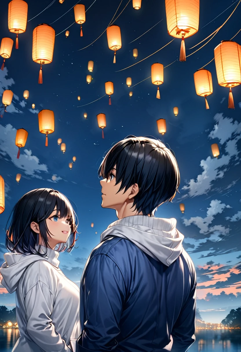  looking up at floating lanterns((Black-haired man:Asuka ,Back view of man and woman in white hoodies and blue jackets  , women with dark hair :Haruna , white turtleneck sweater )), Focus on the lanterns floating in the sky( Double Exposure :1.2)，