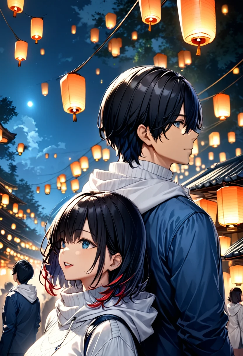  looking up at floating lanterns((Black-haired man:Asuka ,Back view of man and woman in white hoodies and blue jackets  , women with dark hair :Haruna , white turtleneck sweater )), Focus on the lanterns floating in the sky( Double Exposure :1.2)，