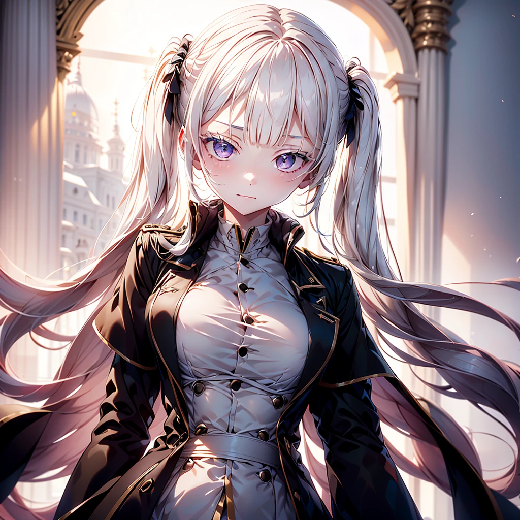 1girl,Handsome face、(((The best composition、Best Quality、 masterpiece、Super detailed、 high definition)))、Simple Background、Milky white hair color、 Long Straight Hair 、 black military uniform、 black long coat、 military uniform coat with extended sleeves、white long lashes 、