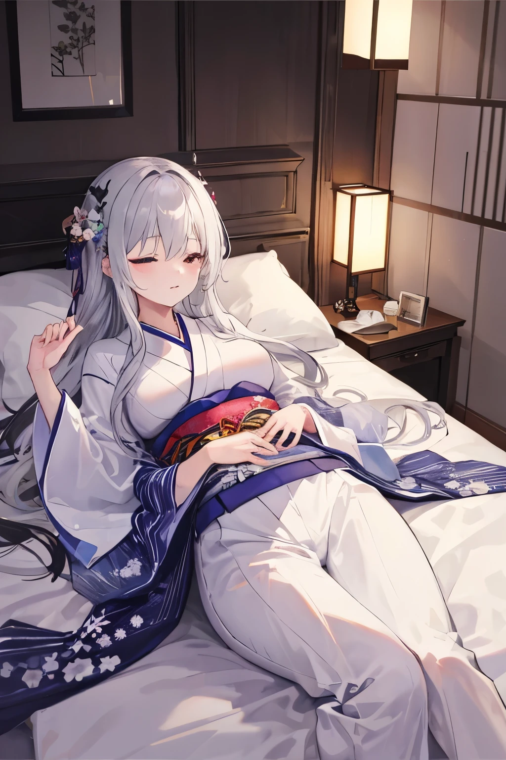 (8k, 最high quality)、超High resolution、Adorable、最high quality, beautiful, Absurd beauty,(最high quality,4K,8k,High resolution,masterpiece:1.2),Super detailed,Vibrant colors,Soft Shadows,Beautiful brushwork,Attention to detail,perfect render,rich skin tone,((Sleeping with eyes closed)),Captivating Expressions,Golden shades,(missionary, 1boy, penis, lying, vaginale, ass pov, spread legs, sex, nsfw)、Has long, curly, light grey hair, Violet eyes, A headband decorated with pearls and violet camellias, White shirt, Floral dark blue hemline、 (Sleeping with eyes closed) ,Cute Characters, Most detailed, high quality、nose blush、steam、Awards, Anatomically correct、((Attacked in his sleep))