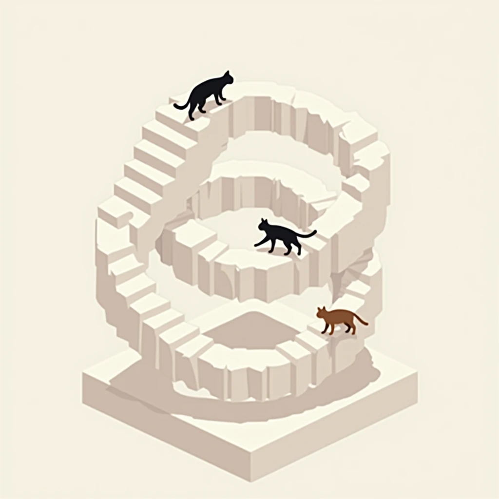 staircase that loops itself into a square. isometric view. minimalistic. three cats are walking on it.