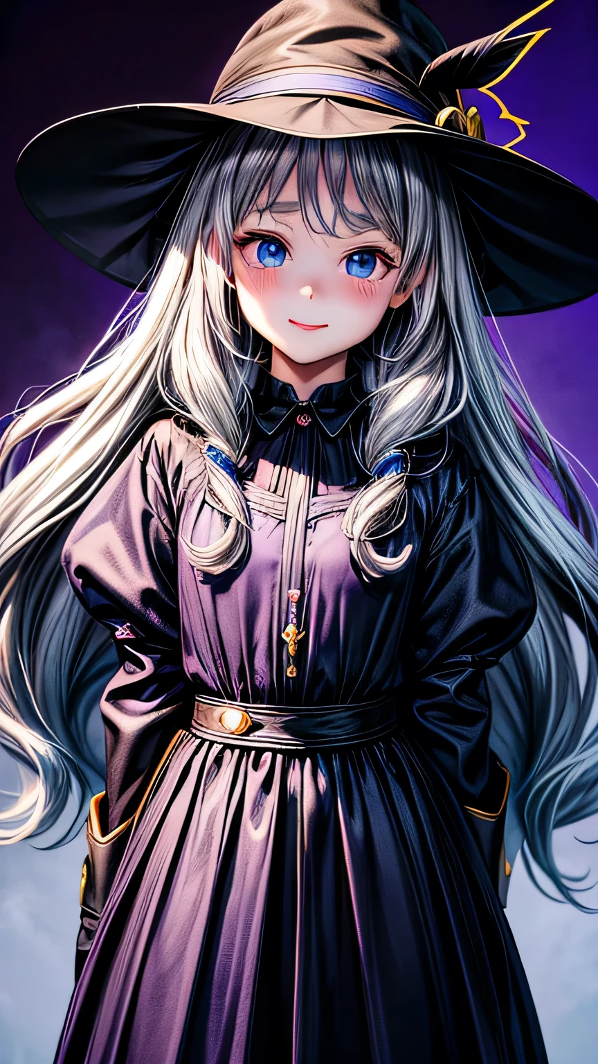 elaina_(majo_no_tabitabi), masterful, masterpiece, 4k,, 1girl, feminine, beautiful, a-cup, grey hair, big magical hat + black on the top and purple on the inside, blue eyes, white shirt, yellow ribbon, black robe,, kawaii, looking at viewer, slight smile, magical girl, background medieval Europe,