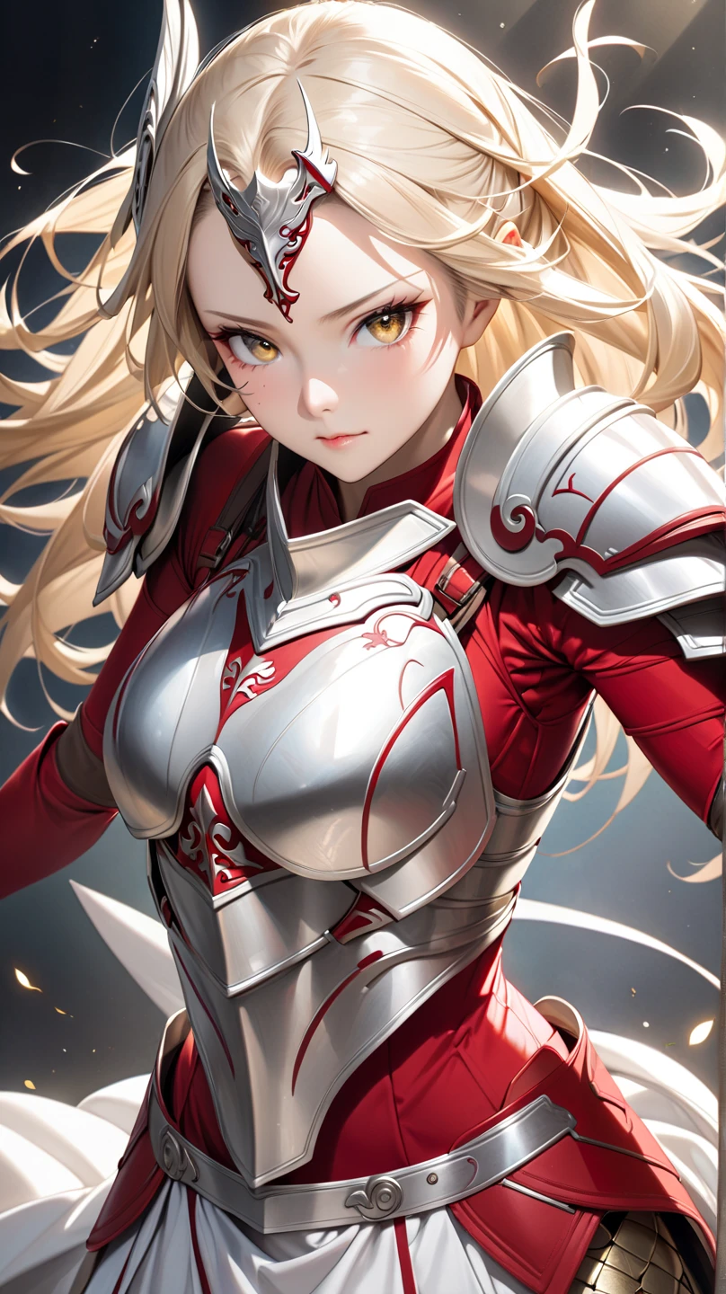 masterpiece, fantasy, best quality, anime style, wide-angle, full-body shot, front view, Tera Elin, an anime girl in a red dress and red boots, Sakura Kinomoto, Sakura petals around her, kitsune-inspired armor, crimson-themed, white, and red armor, spellcasting pose, fantasy outfit, yellow/golden short hair color, white tights, green glowing eyes, Sakura season, dynamic lighting, highly detailed anime, Anime Style, Manga Style, Hand drawn, cinematic, sensual, Sharp focus, humorous illustration, concept art, Vivid colors, Intricate, Vibrant colors, Soft Shading, Sharp Angles, Playful