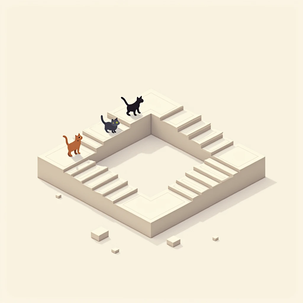 staircase that loops itself into a square. isometric view. minimalistic. three cats are walking on it.