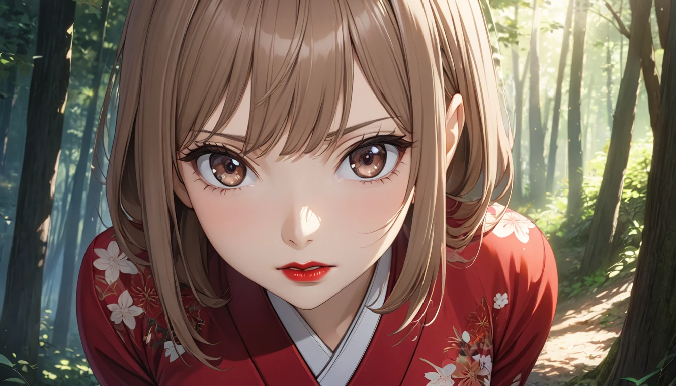  in depth analysis, Detailed work,  Best Quality, 1440p resolution, Realistic light and shadow, Anime, background, In the forest, จากAlya Sometimes Hides Her Feelings in Russian series, Maria Kujou, Long light brown hair, Beautiful face,  dark brown eyes, Gradient eyes, eyes, Extraordinary eye details, ตาแบบAnime, Very medium sized breasts, fit, Slender figure, Red lips ,Wearing a red Japanese kimono with floral patterns, Make a scared face, Squat