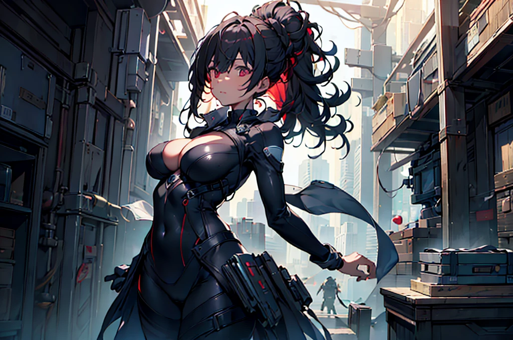 1 adult woman, High detail mature face, quency, twin buns Hairstyle, Bun hairstyle, black colored hair, red inner hair, striped, red eyes, Full body Rubber black skinsuit, black body suit ,visible cleavage, navel, high res, ultra sharp, 8k, masterpiece, looking at viewer, long black gloves, Sharp eyes, Night time background , Night City ,((Best quality)), ((masterpiece)), 3D, HDR (High Dynamic Range),Ray Tracing, NVIDIA RTX, Super-Resolution, Unreal 5,Subsurface scattering, PBR Texturing, Post-processing, Anisotropic Filtering, Depth-of-field, Maximum clarity and sharpness, Multi-layered textures, Albedo and Specular maps, Surface shading, Accurate simulation of light-material interaction, Perfect proportions, Octane Render, Two-tone lighting, Wide aperture, Low ISO, White balance, Rule of thirds,8K RAW, Aura, masterpiece, best quality, Mysterious expression, magical effects like sparkles or energy, flowing robes or enchanting attire, mechanic creatures or mystical background, rim lighting, side lighting, cinematic light, ultra high res, 8k uhd, film grain, best shadow, delicate, RAW, light particles, detailed skin texture, detailed cloth texture, beautiful face, fighting stance , holding staff 