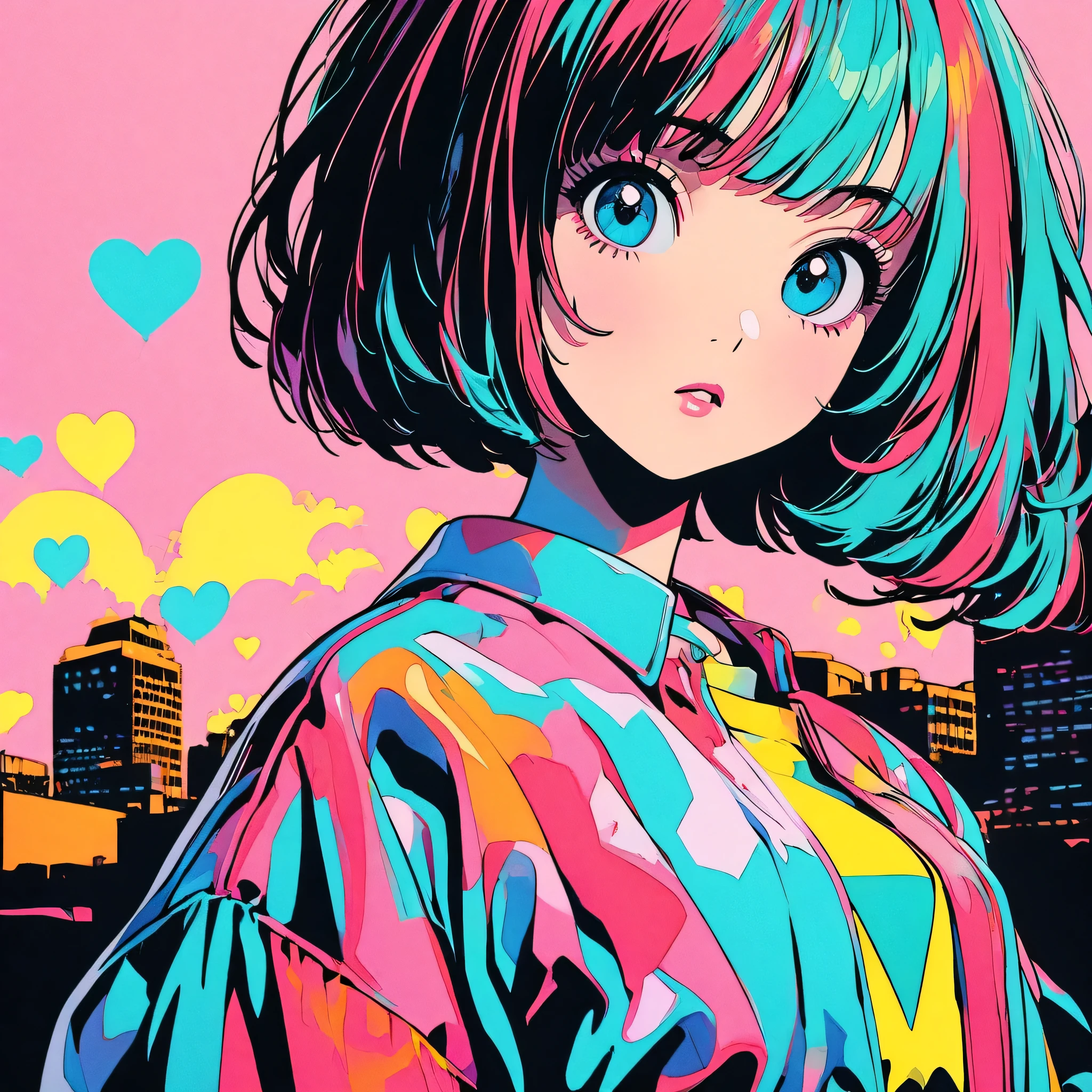 (highest quality:1.2, City Pop Style, Very detailed, up to date, Vibrant, High Contrast, masterpiece:1.2, highest quality, Best aesthetics), girl, ((Face Up Shot:1.4)), Colorful Hair, Bobcut, pastel colour, 1980s style, ((retro, Vintage, Solid color background)), Morikura Yen style , colorful hearts