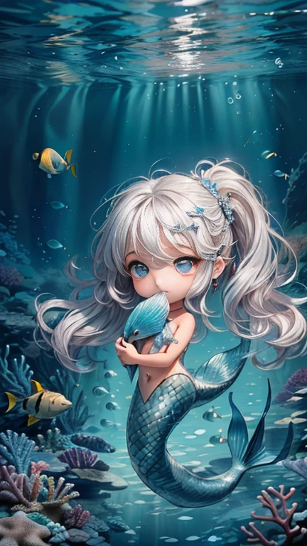 (Mermaid and Cat、8K、top-quality、Water sensation、Beautiful long hair fluttering in the water、Light contrast、bubbling)