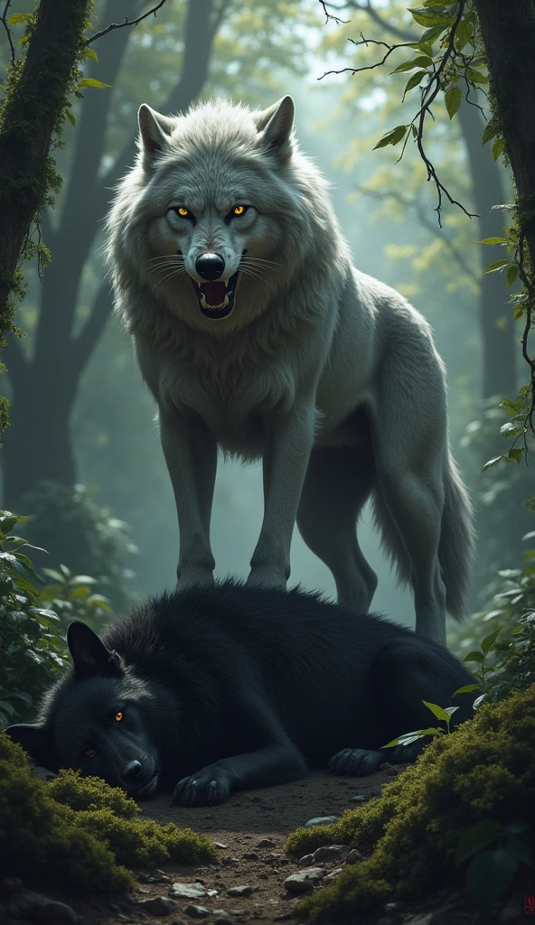 Black wolf standing on a dead black panther in a scary forest