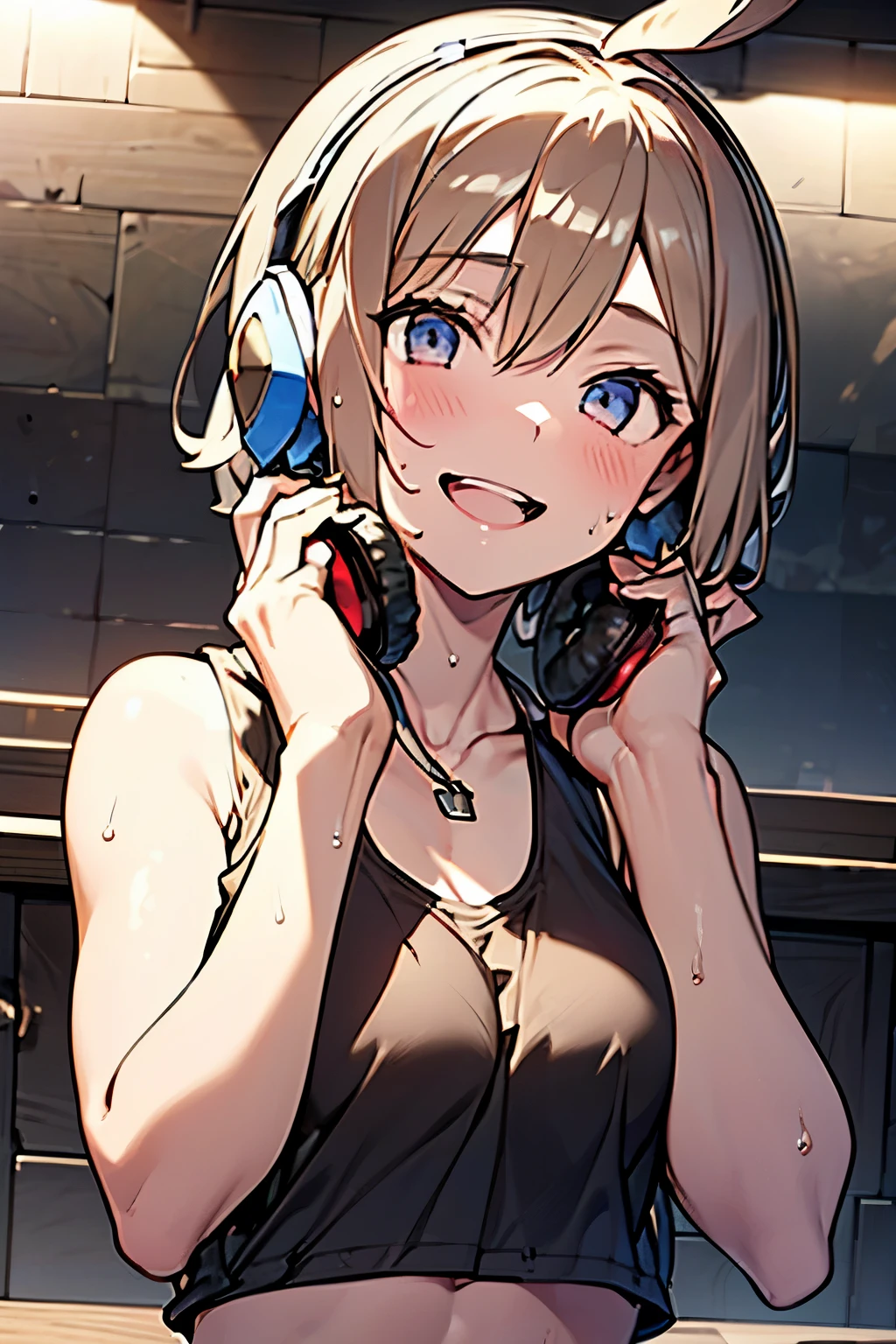 1girl, laughing, sweaty, ((tank top, hands holding headphones)), absurdres, high res, ultrasharp, 8K, masterpiece:1.4, illustrations, studio lighting