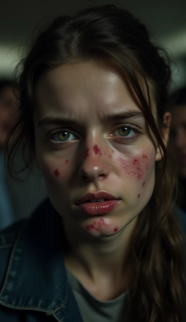 A close-up of a female factory worker suffering from necrosis of the jaw, with visible facial deformities caused by phosphorus exposure, late 19th century, wearing tattered work clothes in a dim and unhygienic factory setting, with industrial machinery and chemical containers in the background, close-up shot, photo realism, cinematography. The camera lens should be 200 mm, aperture f/4.5, ISO 1600. Artistic medium: color photography.
