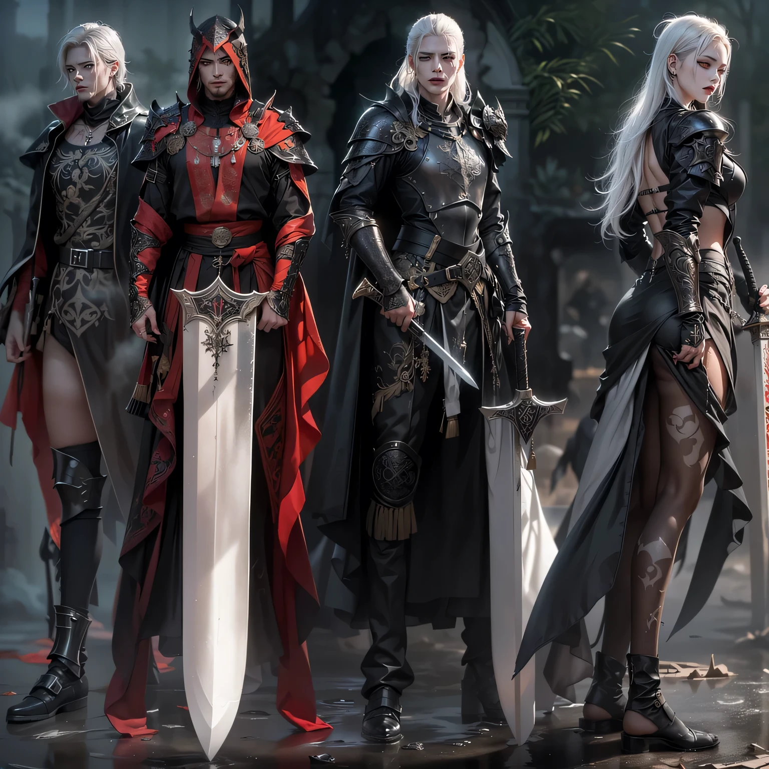 Design a layout showcase Gaming character, (1girl). Red+Black clothes, gothic and elegant, ((showcase weapon:1.4)), enchanted dagger, (masterpiece:1.2), (best quality), 4k, ultra-detailed, (Step by step design, layout art:1.5), (mystical lighting, dramatic lighting), assassin, ((hooded cape)), (((lace gloves:1.3))), corset, leather boots, (((full_body_shot:1.4)))