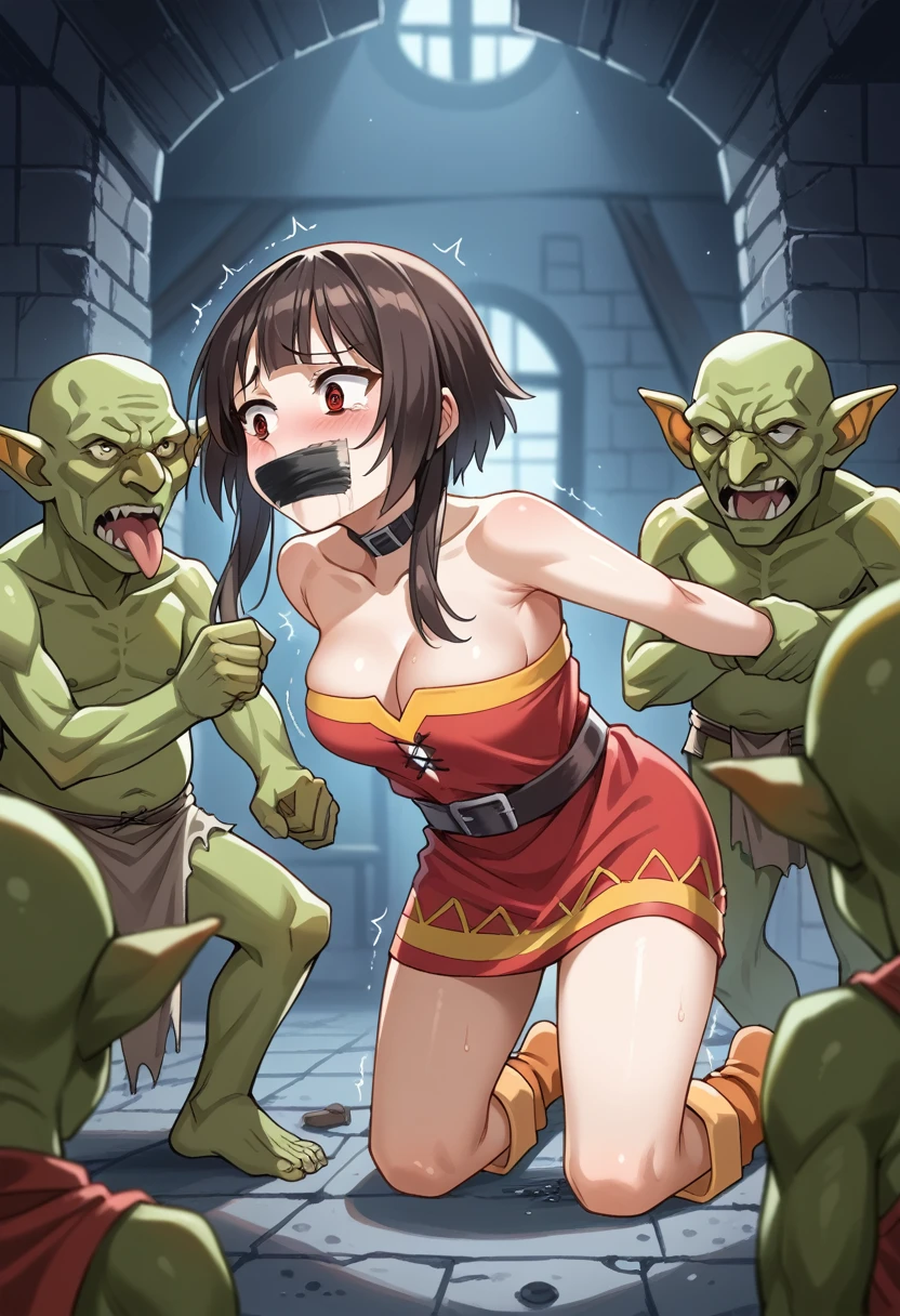 megumin, blunt bangs,large breast, attacked by monsters, bound tape gag, abandoned basement, indoor, high quality,score_9,score_8_up,score_7_up,multiple monsters, group ,miscegenation,trembling, sad, goblin monster,creepy goblin,goblin cling to the girl,goblin attacking girl,pervert goblin, goblin monster, pinch,background filled with goblin,resistance,struggle, BREAK 1girl, clover \(totally spies\), (defeated), labolatory room
