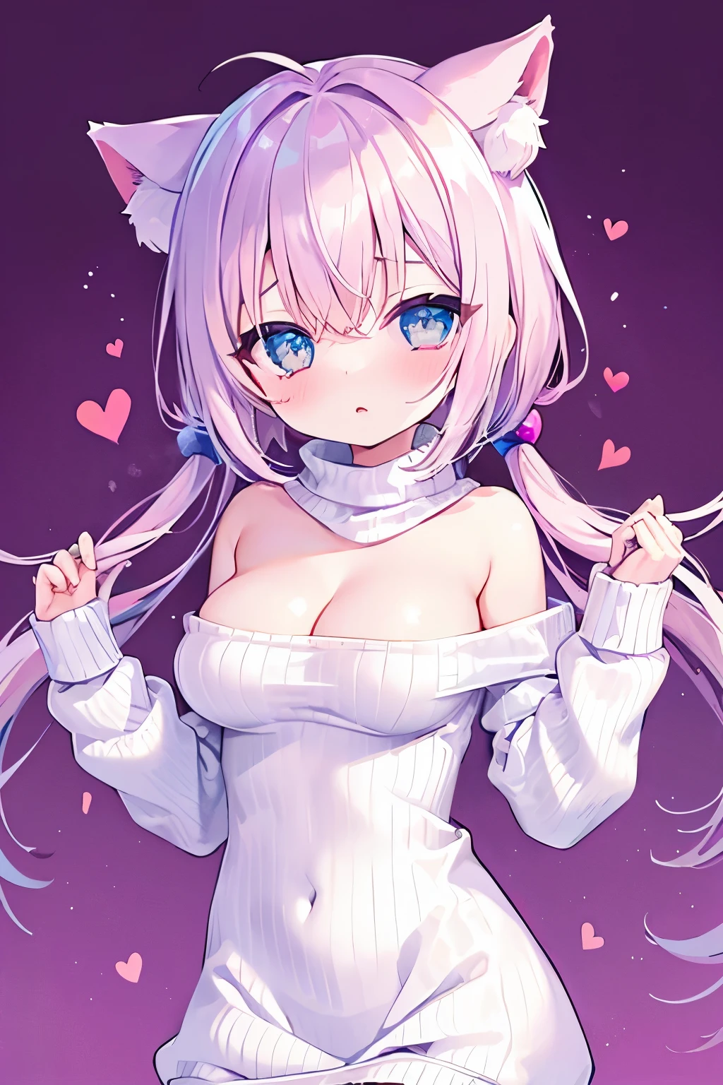 nsfw, virgin killer sweater, (sweater dress:1.2), ribbed sweater,sideboob, Cleavage Cut Out, turtleneck sweater,(white sweater:1.3), crop top　Navy,  light pink hair  ,Very beautiful and Sparkling Eyes、Sparkling Eyes、  1 girl、  big breasts at the temple、cat ears、((((( )))))、heart❤、((sweat、vapor)）,cat ears