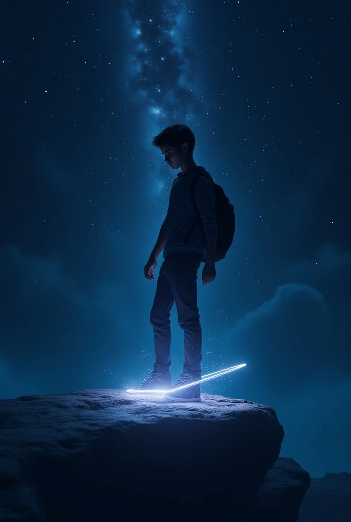 A boy Flying with electricity around him glowing and tech gadgets floting around him 